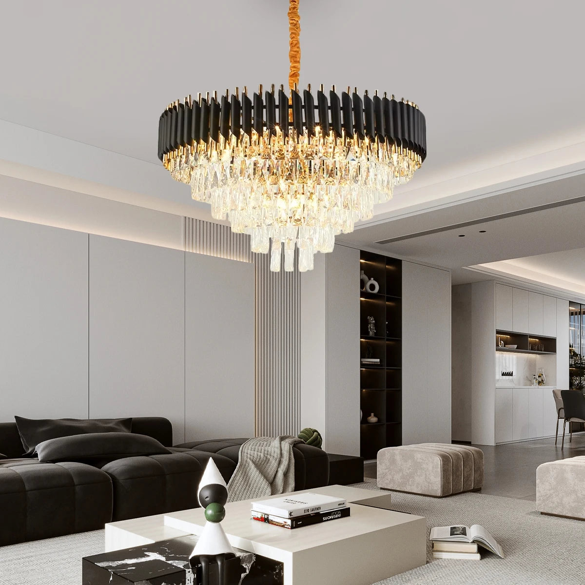 Lustre Cristal Noir — Ø55 × H38 cm, 9 Lumières