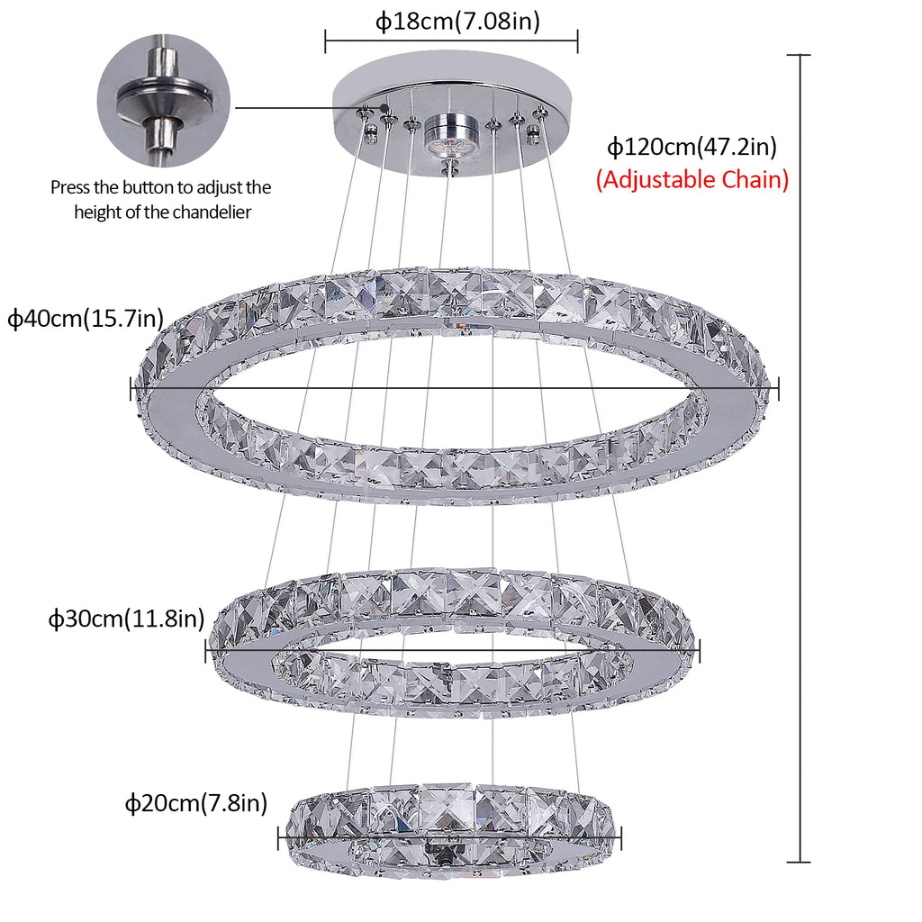 Lustre LED 3 Anneaux en Cristal — 47 W, Télécommande