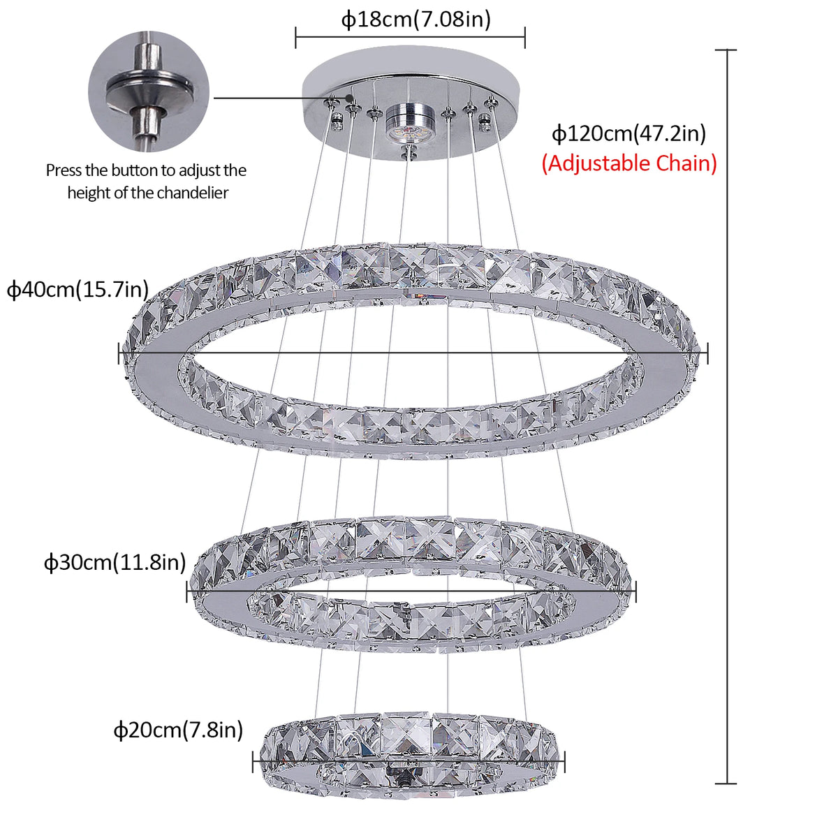 Lustre LED 3 Anneaux en Cristal — 47 W, Télécommande