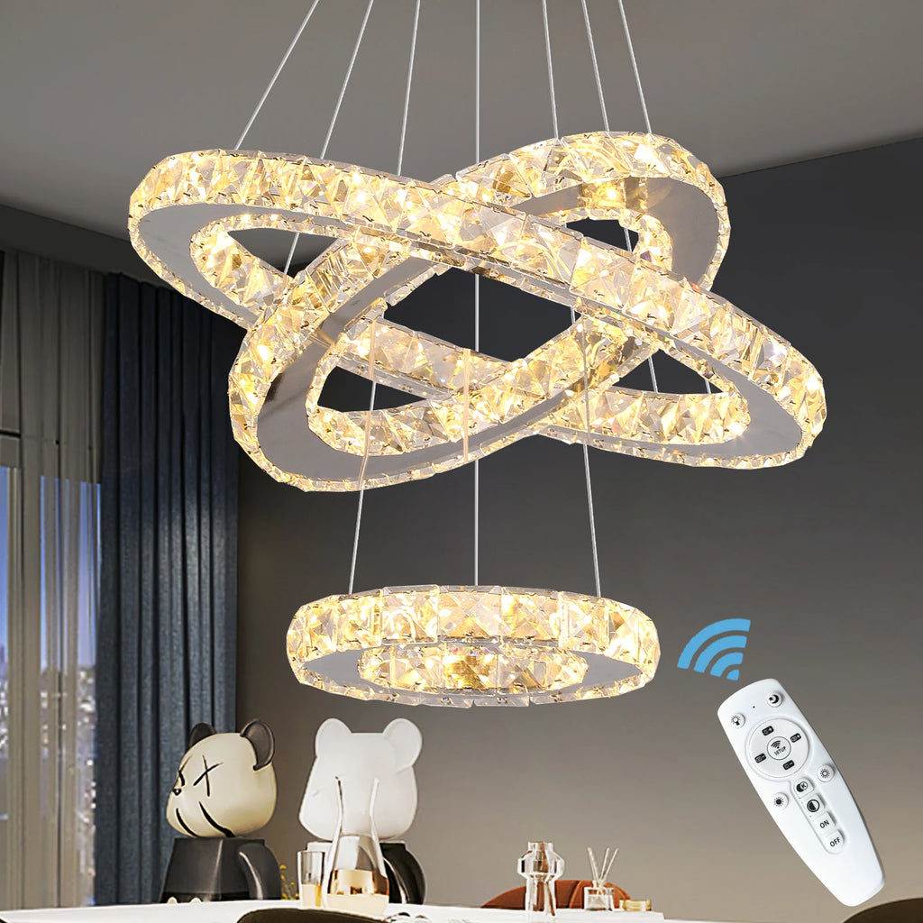 Lustre LED 3 Anneaux en Cristal — 47 W, Télécommande