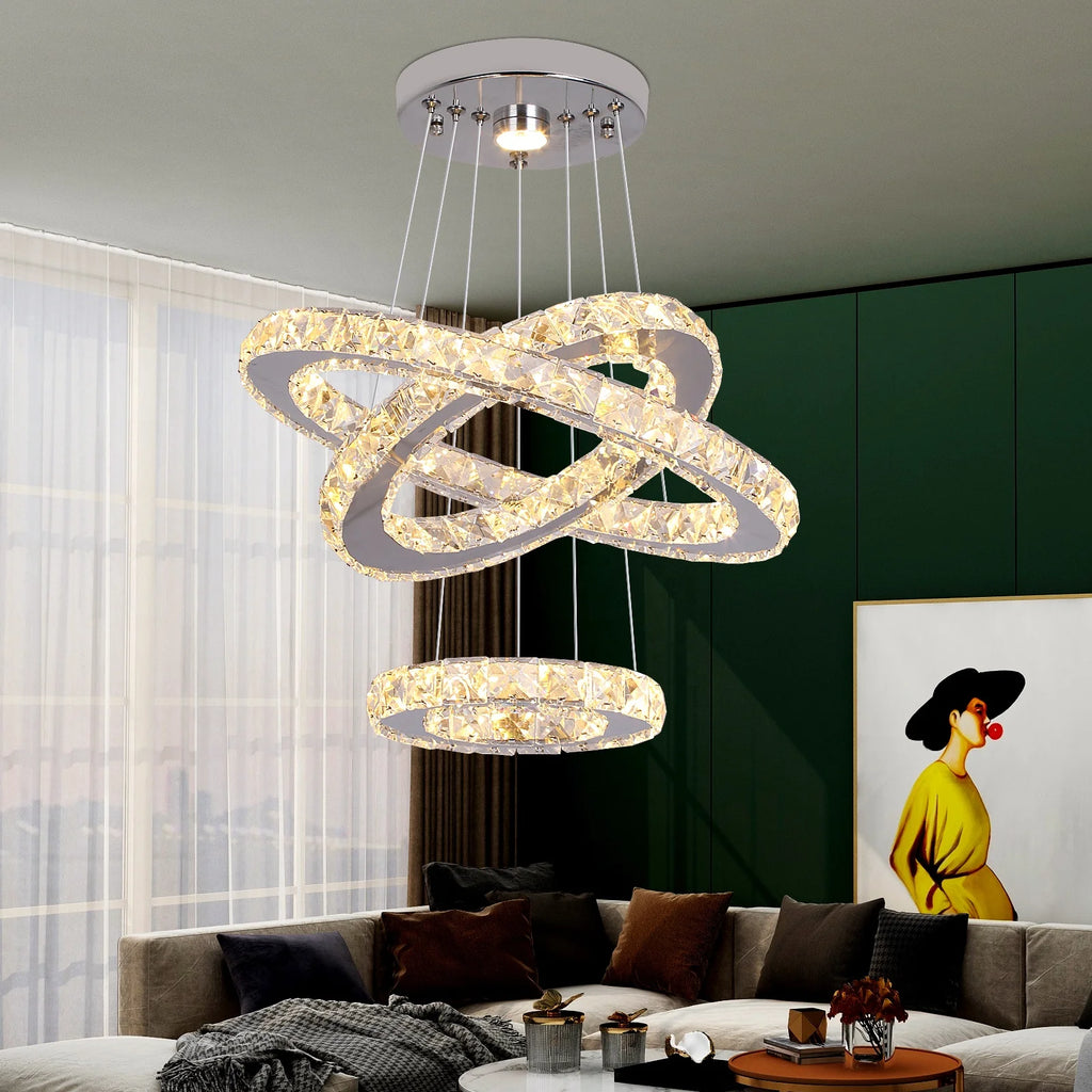 Lustre LED 3 Anneaux en Cristal — 47 W, Télécommande