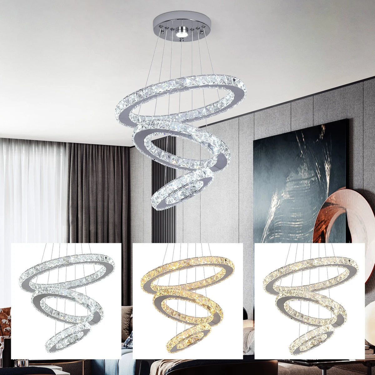 Lustre LED 3 Anneaux en Cristal — 47 W, Télécommande