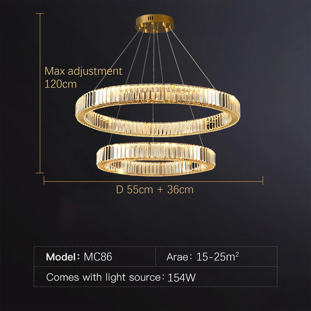 Lustre LED à Anneaux en Cristal — Ø55 cm